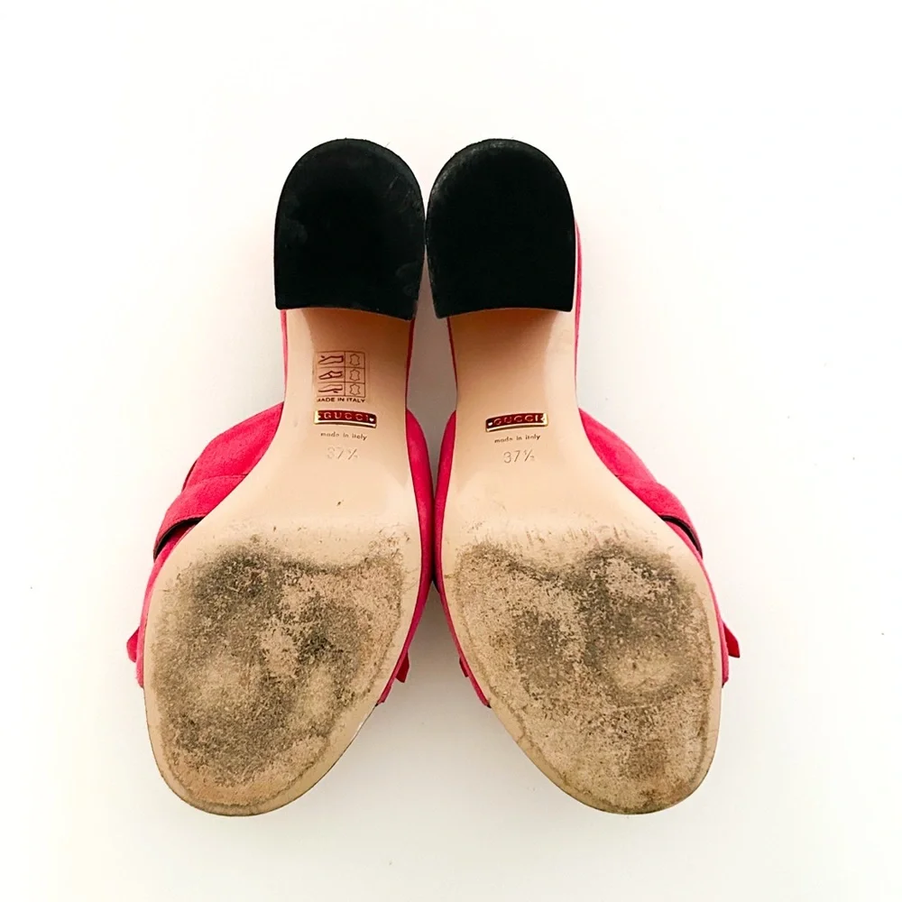 Gucci Marmont GG Logo Hot Pink Red Suede Fringed High Heeled Mules Slides 37.5 - Picture 11 of 12